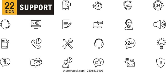 Support service outline icon set. Customer service, 24 7 support, troubleshooting, technical help, call center, live-chat, and more.