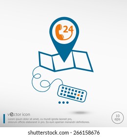 Support and service and pin on the map. Line icons for application development, creative process.