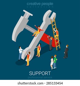 Support service professional guarantee maintenance concept flat 3d web isometric info graphic concept vector. Micro people on big hummer wrench sign. Creative people collection.