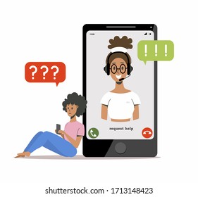 Support service, psychological assistance. Upset girl calling on the phone. A personal assistant with headphones, an agent, a psychologist and helpful consulting services. Isolated vector illustration