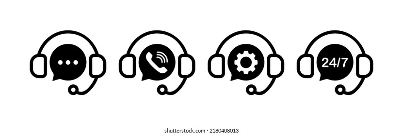 Support service set icon. Call centre, speech bubble, phone, landline, gear, 24 7, around the clock, operator, twenty four seven, help. Hotline concept. Vector line icon for Business and Advertising.