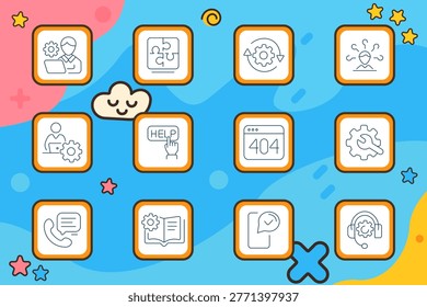 Support service set icon. Technician laptop gear, puzzle solution, process arrows gear, user connection nodes, user gear, help button, error page 404, wrench gear, phone chat