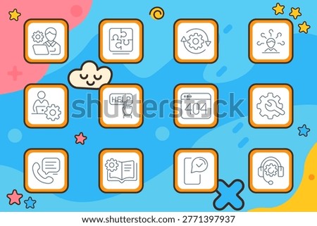 Support service set icon. Technician laptop gear, puzzle solution, process arrows gear, user connection nodes, user gear, help button, error page 404, wrench gear, phone chat