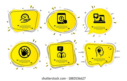 Support service, Swipe up and Friends chat icons simple set. Yellow speech bubbles with dotwork effect. Safe time, Do not touch and Idea head signs. Human talking, Scrolling screen, Love. Vector