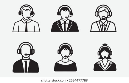 Support Service Symbols Set of Hotline, Tech Support Icons in Line and Silhouette Vector Style on White Background