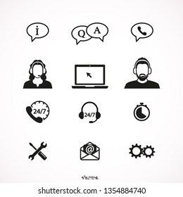 Support service and telemarketing vector set, black flat icon isolated on white background