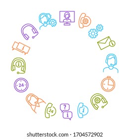 Servicio de soporte: conjunto de iconos de línea delgada incluye auriculares, operador, equipo, chat y teléfono. Iconos ilustrados por vectores