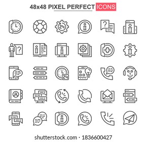 Support service thin line icon set. Customer support, hotline consultation outline pictograms for web and mobile app. Call center simple UI, UX vector icons. 48x48 pixel perfect pictogram pack.