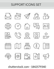 Support service thin line icons set. Outline vector illustration collection with symbols of operator tech help for customers, service call center supporting mobile internet technology editable stroke