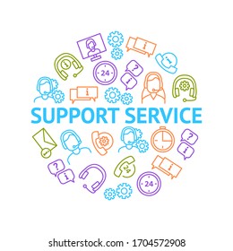 Support Service Thin Line Round Design Template Banner Include of Headset, Operator, Computer, Chat and Telephone. Vector illustration of Icons