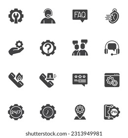 Servicio de soporte conjunto de iconos vectoriales, colección de símbolos sólidos modernos, paquete de pictogramas de estilo relleno. Señales, ilustración del logotipo. Set incluye iconos como soporte al cliente, faq, 24 horas de trabajo