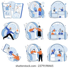 Support service. Vector illustration. The helpline offers expert assistance to customers Streamlining support service process improves efficiency Sending message allows customers to communicate