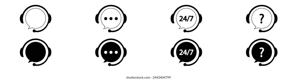 Servicio de asistencia. Vector iconos aislados. Señales de icono de vector negro de soporte al cliente. Símbolos del centro de llamadas. Símbolos de concepto de servicio.