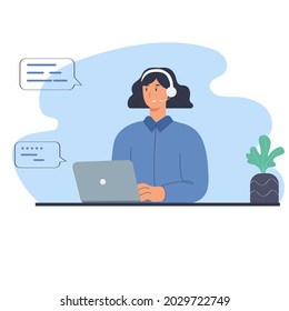Support service woman is answering on messages and calling of clients. Girl with laptop, headphones with microphone, plant. Flat illustration with abstract background and dialogue shapes. 
