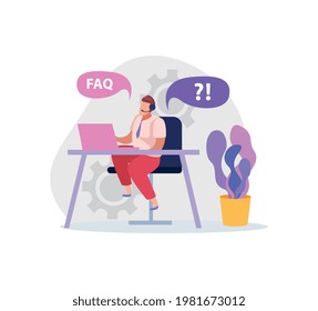 Trabajador de servicios de apoyo respondiendo preguntas a clientes en su lugar de trabajo ilustración vectorial plana