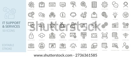 IT support and services icon set. Help desk, troubleshooting, technical services, computer maintenance, security, cloud, repair, customer support icons. Thin line editable stroke vector illustrations