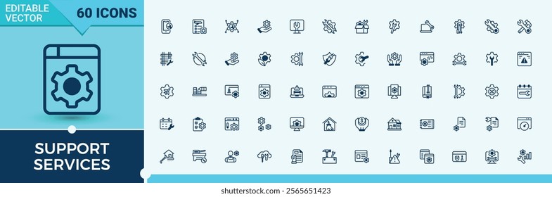 Support Services line icons set. Contains such icons as dust, Maintenance, engine, tools, men and more. Set of line pictogram. Solid line editable stroke. Vector line and solid icons.
