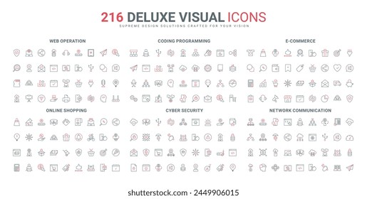 Support services for online store, data exchange and upload, cyber security line icons set. Virus protection, software code testing and settings thin black and red outline symbols vector illustration