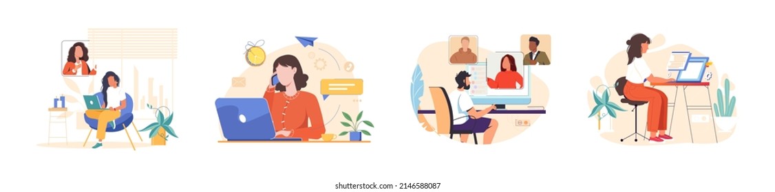 Support Services. People With Computers During Online Business Communication At Remote Work. Set Of Man And Woman With Laptops At Virtual Video Conference Calls. Flat Vector Isolated Illustrations.