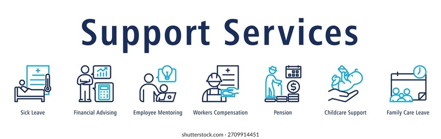 Servicios de Asistencia Concepto de Ilustración vectorial de ícono de Anuncio de Web con ícono de licencia por enfermedad, asesoramiento financiero, mentoría de empleados, compensación laboral, pensión, Asistencia de cuidado infantil y licencia por cuidado familiar.