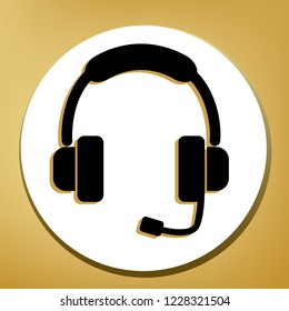 Support sign illustration. Vector. Black icon with light brown shadow in white circle with shaped ring at golden background.