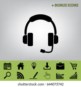 Support sign illustration. Vector. Black icon at gray background with bonus icons at celery ones