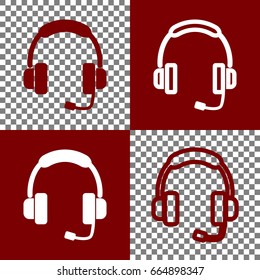 Support sign illustration. Vector. Bordo and white icons and line icons on chess board with transparent background.