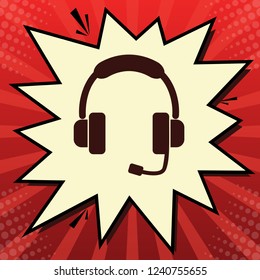 Support sign illustration. Vector. Dark red icon in lemon chiffon shutter bubble at red popart background with rays.