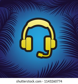 Support sign illustration. Vector. Golden icon with black contour at blue background with branches of palm trees.