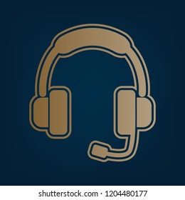 Support sign illustration. Vector. Golden icon and border at dark cyan background.