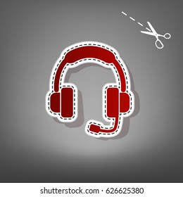 Support sign illustration. Vector. Red icon with for applique from paper with shadow on gray background with scissors.