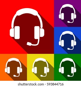 Support sign illustration. Vector. Set of icons with flat shadows at red, orange, yellow, green, blue and violet background.