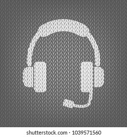 Support sign illustration. Vector. White knitted icon on gray knitted background. Isolated.