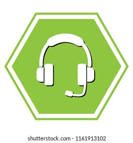 Support sign illustration. Vector. White icon with black shadow at yellow green honeycomb on white background.