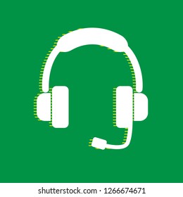 Support sign illustration. Vector. White flat icon with yellow striped shadow at green background.
