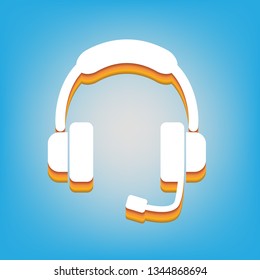 Support sign illustration. Vector. White icon with 3d warm-colored gradient body at sky blue background.