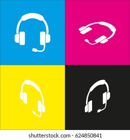 Support sign illustration. Vector. White icon with isometric projections on cyan, magenta, yellow and black backgrounds.