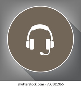 Support sign illustration. Vector. White icon on brown circle with white contour and long shadow at gray background. Like top view on postament.