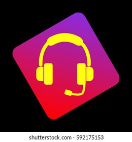 Support sign illustration. Vector. Yellow icon at violet-red gradient square with rounded corners rotated for dynamics on black background.