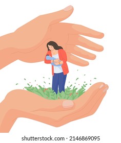 Support single mother. Human security, care birth baby, give society help alone young mom, secure motherhood newborn protect hands safe singled parents, vector illustration, mother care for child