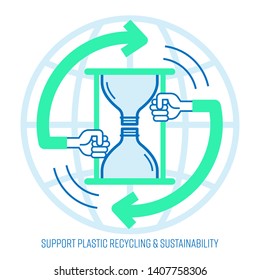Support single-use plastic bottle recycling concept. Bottle shape applied to hourglass icon as a sustainability symbol. Vector illustration outline flat design style.