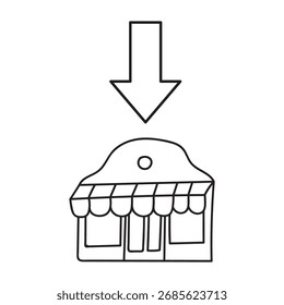 Support Small Business Icon, Arrow Pointing to Store, Outline Vector Illustration on white background.