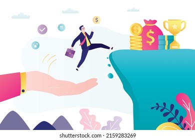 Support for small businesses. Big hand helps businessman to jump up mountain with wealth and profit. Mentor gives knowledge to beginner or student. Skills improvement. Flat vector illustration