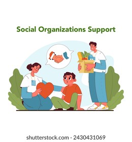 Apoyo de organizaciones sociales. Organizaciones sociales que brindan atención y artículos esenciales a los niños, que describen la compasión y la ayuda. Lucha por los derechos y la libertad de los niños. Ilustración vectorial plana