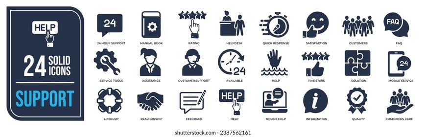 Support solid icons collection. Containing customer service, help, help desk, feedback, testimonial etc icons. For website marketing design, logo, app, template, ui, etc. Vector illustration.