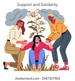 Support and solidarity among women featured in this illustration. Two women help uplift another who is seated, symbolizing empowerment and unity. The flower adds a theme of growth and hope. This