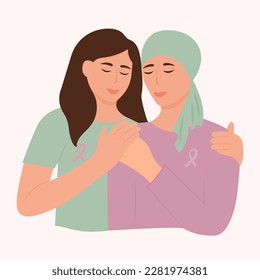 Support and solidarity with women fighting oncological disease. The woman embraces the sick friend. Vector illustration