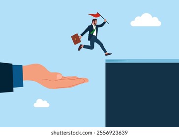 Support and solution or encouragement of employee. Giant hand  helping tiny businessman to jump over cliff to achieve leadership and achieve goal. Flat vector illustration