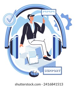 Support specialist vector illustration. The support specialist concept revolves around prompt and helpful solutions Consulting with our support specialists ensures seamless tech experience