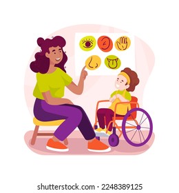 Support from specialized professional isolated cartoon vector illustration. Woman talks to child sitting in wheelchair, education specialist support, private special school vector cartoon.